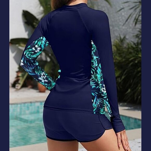 Daci Women Coconut Print 2 Piece Rash Guard LS Swimsuit UV Block Blue Leaves XL - Picture 4 of 7